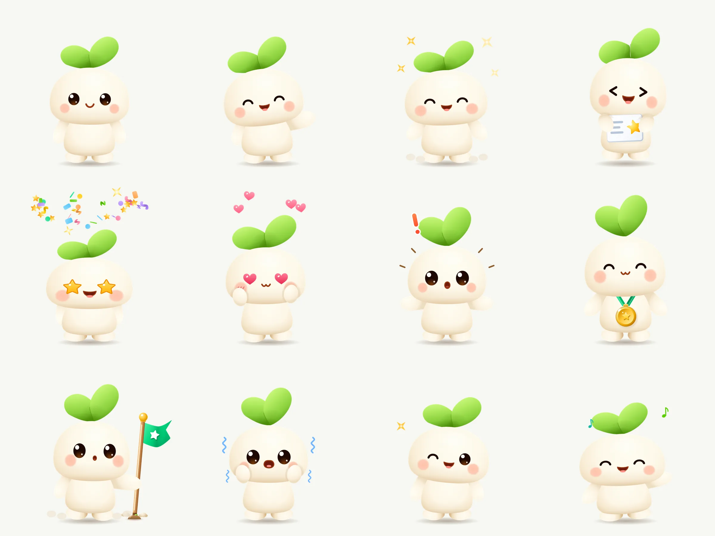 Grid of twelve Sprout poses: idle, wave, correct, celebrating with a starred paper, star eyes with confetti, heart eyes, wow, a gold medal, planting a flag, shocked, wink and dancing.