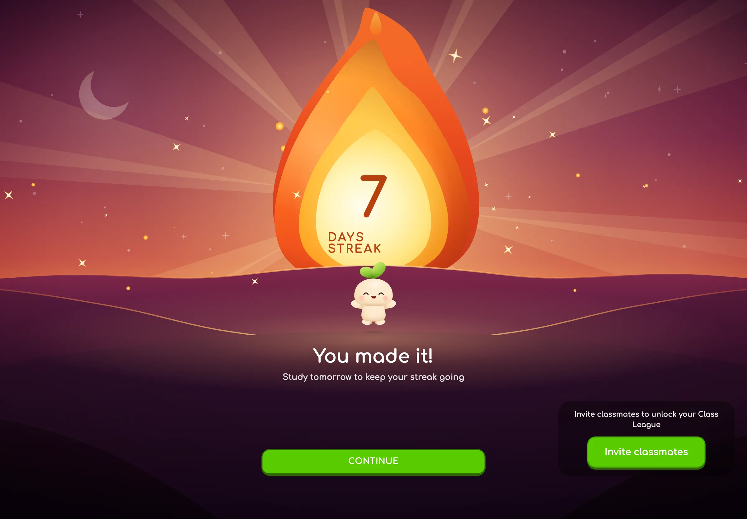 Streak celebration screen: a large flame reading “7 days streak” over a dusk landscape, Sprout cheering below, “You made it! Study tomorrow to keep your streak going”, a Continue button and an “Invite classmates to unlock your Class League” card.
