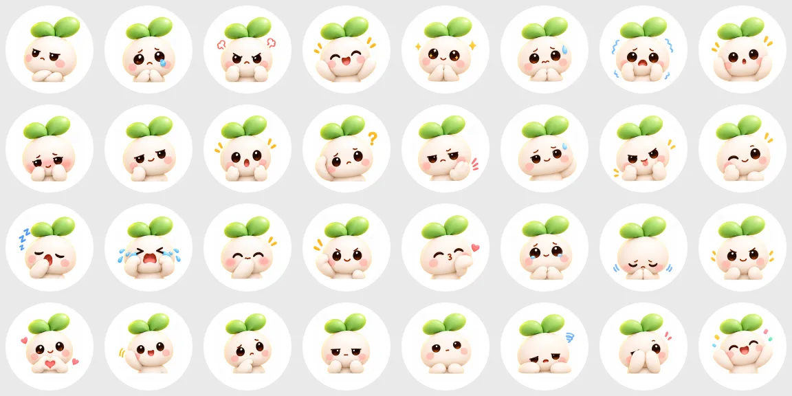 All 32 official Knovus avatar expressions cropped into circles — grumpy, teary, delighted, shy, smug, puzzled, sleepy, sobbing, giggling, determined and more.