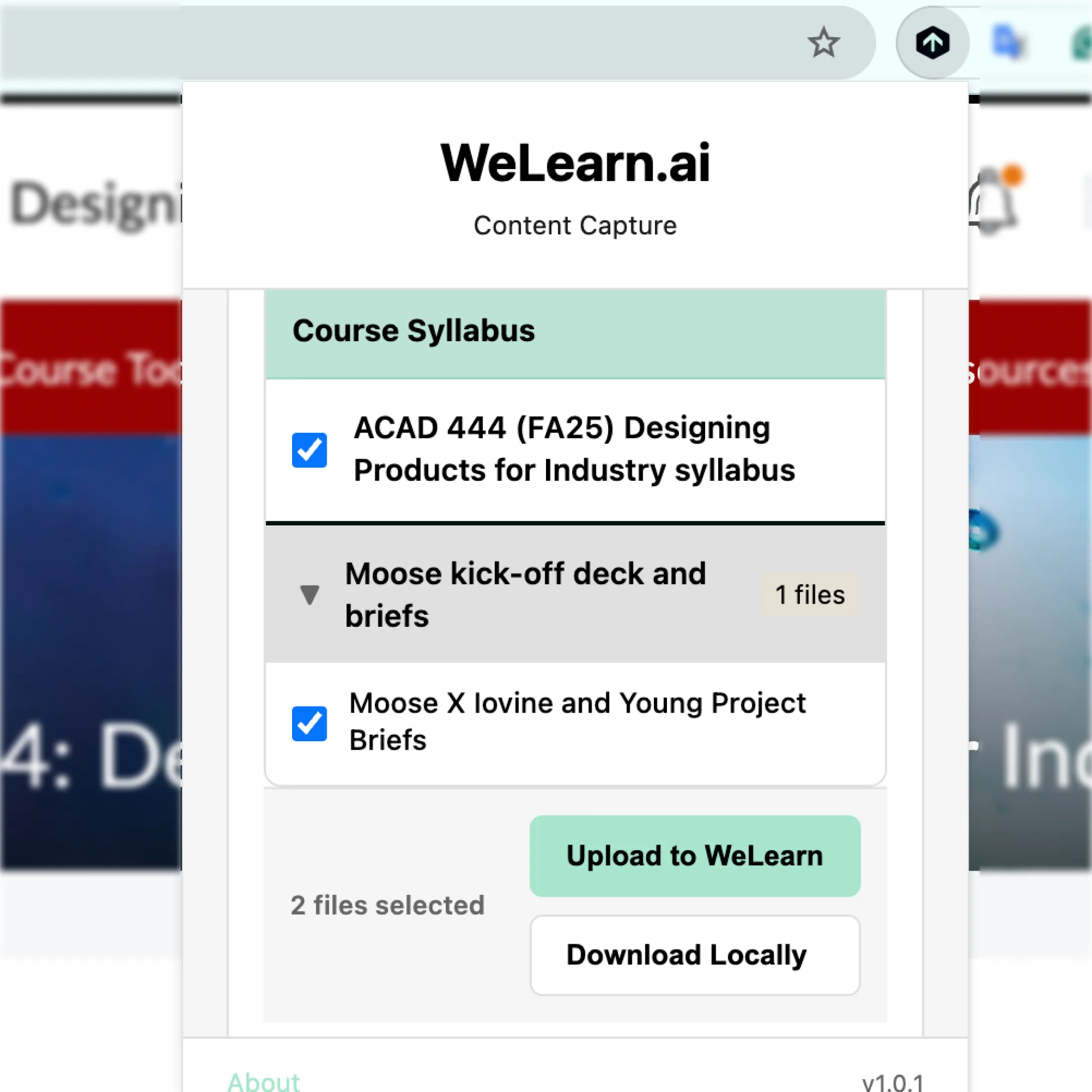 The early WeLearn.ai “Content Capture” Chrome extension popup listing a course syllabus and project briefs, with “Upload to WeLearn” and “Download Locally” buttons.