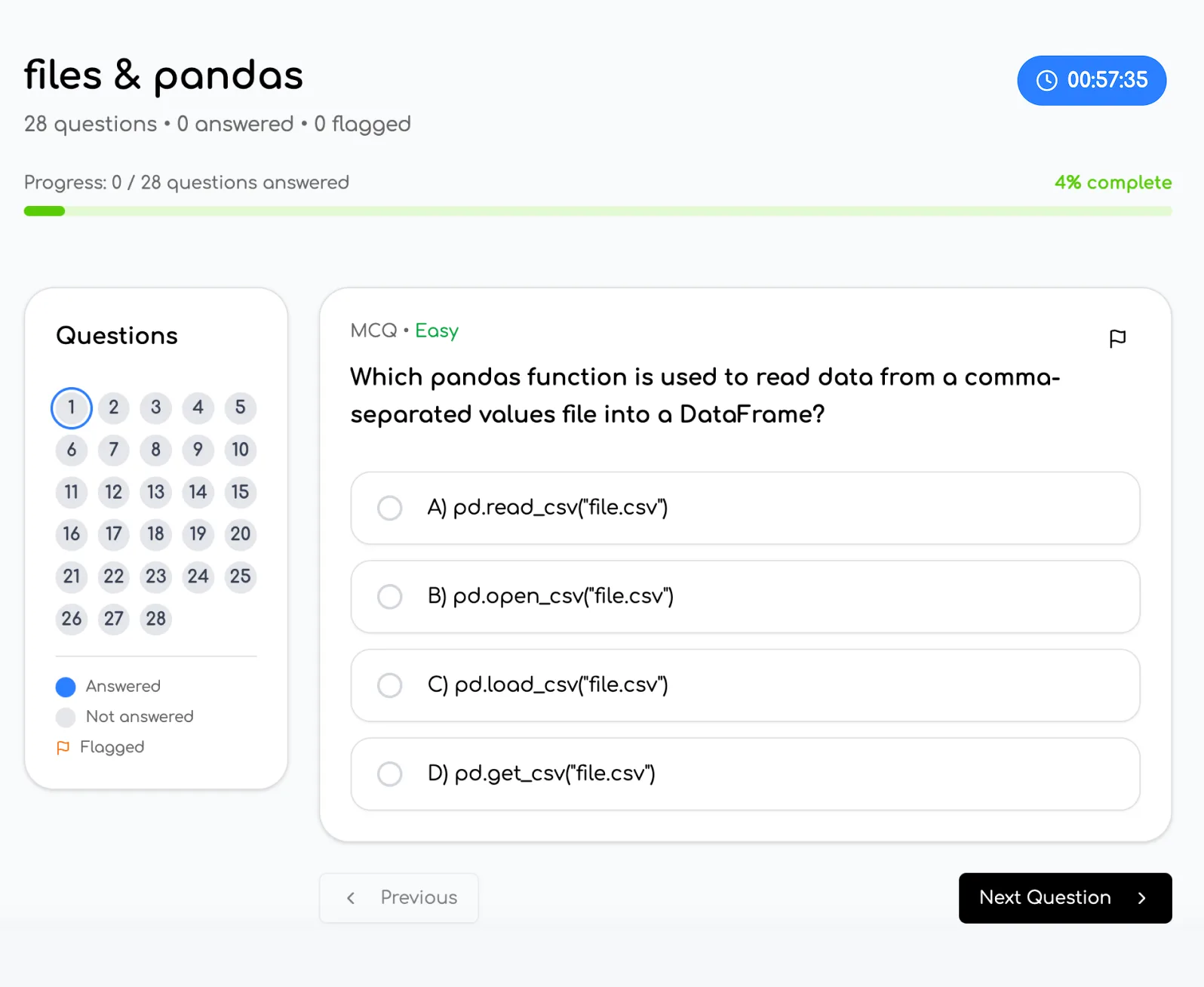 Timed practice-exam simulator for “files & pandas”: 28 questions, a countdown timer, a question navigator grid and a multiple-choice question about reading CSV files with pandas.