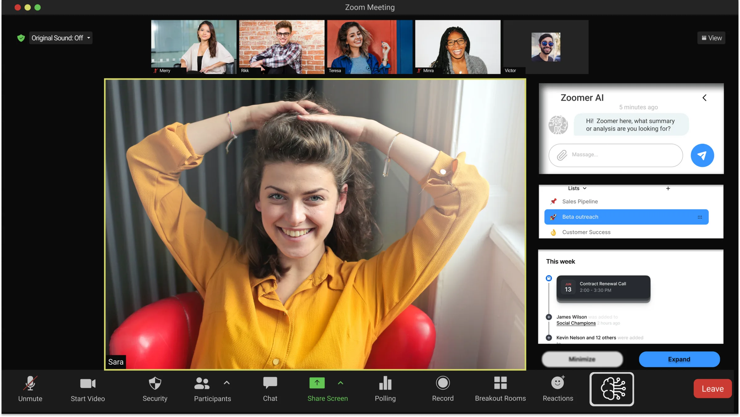 Zoomer AI mockup: a Zoom call with the speaker’s video and a right-hand panel showing the Zoomer AI chat above a daily agenda.