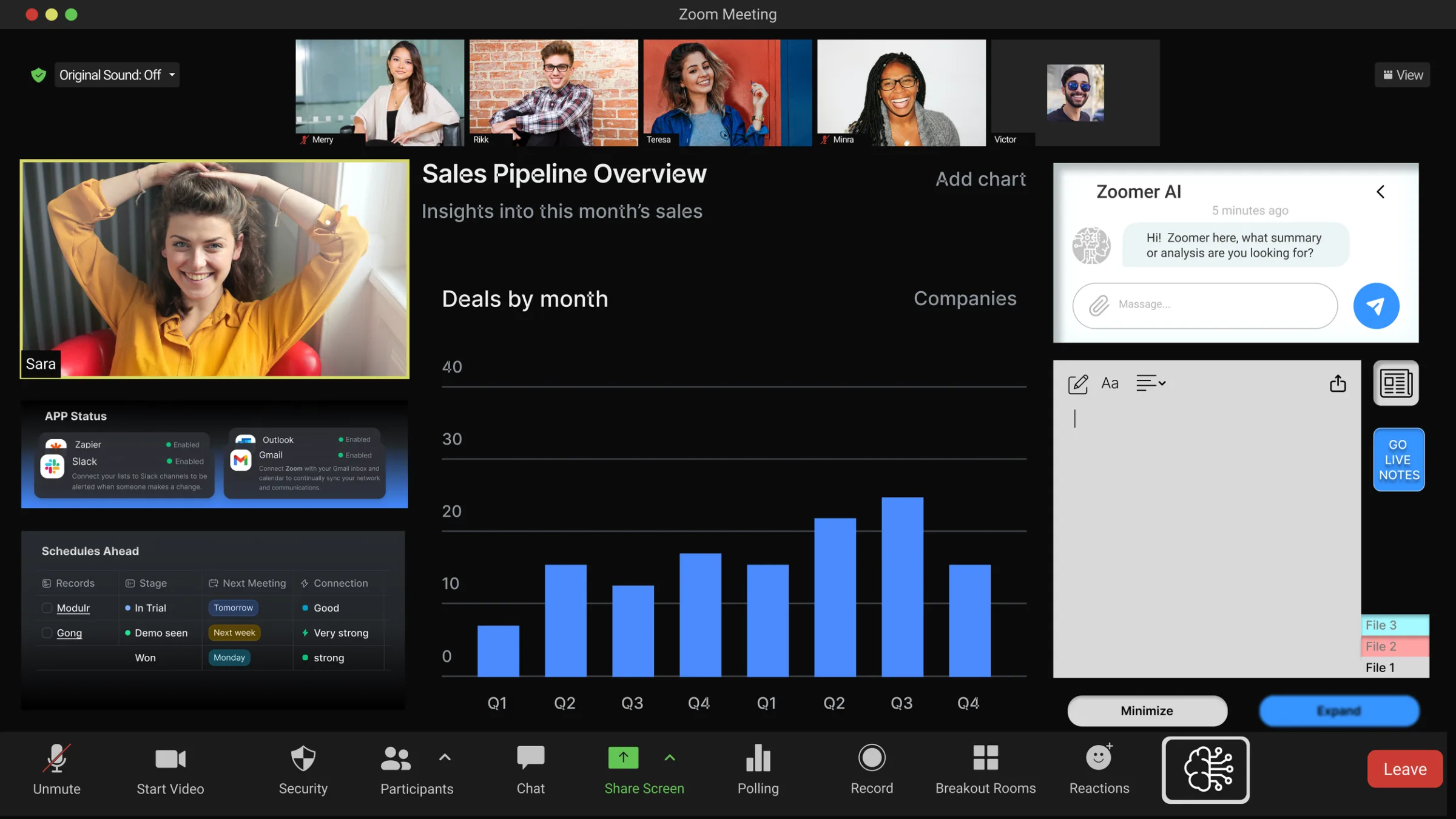 Zoomer AI mockup: the Sales Pipeline Overview with the AI chat and a private note-taking panel open on the right.