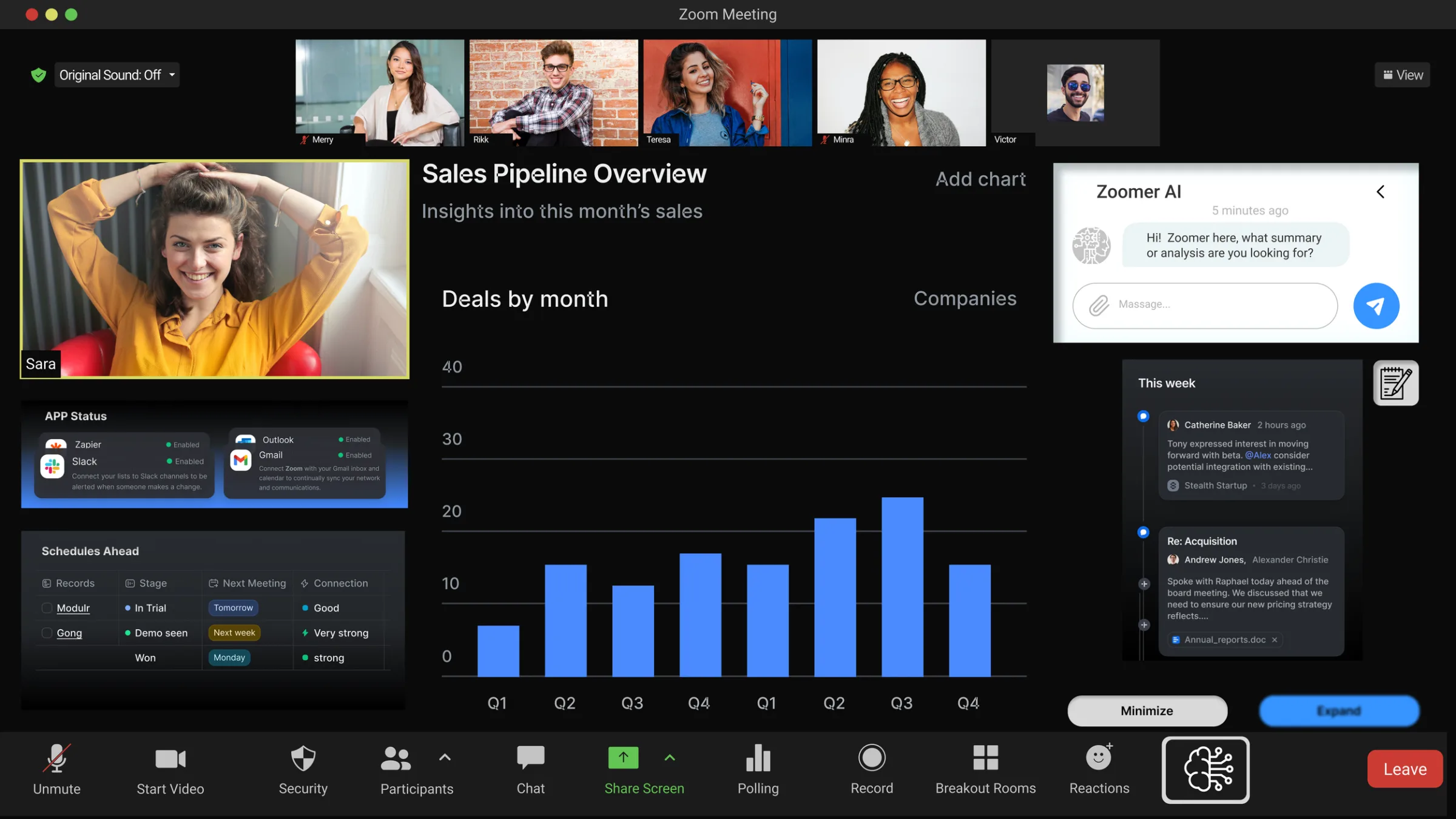 Zoomer AI mockup: an AI-generated Sales Pipeline Overview dashboard with a Deals by Month bar chart, app status and scheduled items beside the speaker’s video.