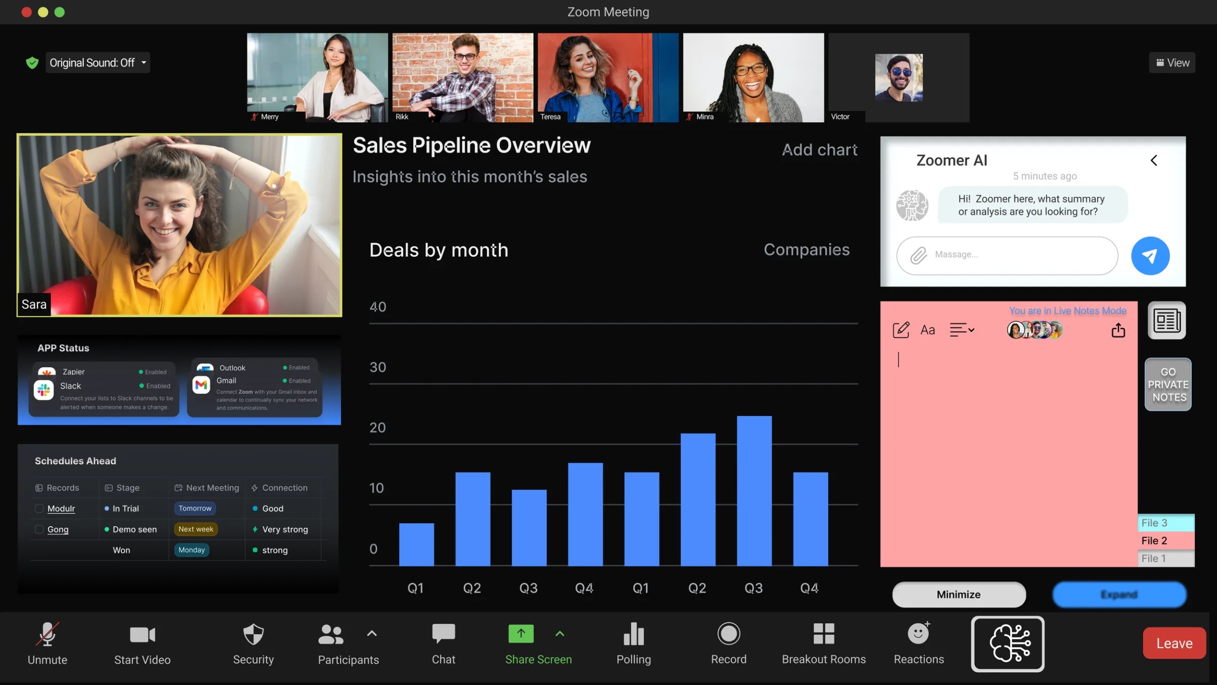 Zoomer AI mockup: the note panel switched to a pink page, showing separate public and private note pages.