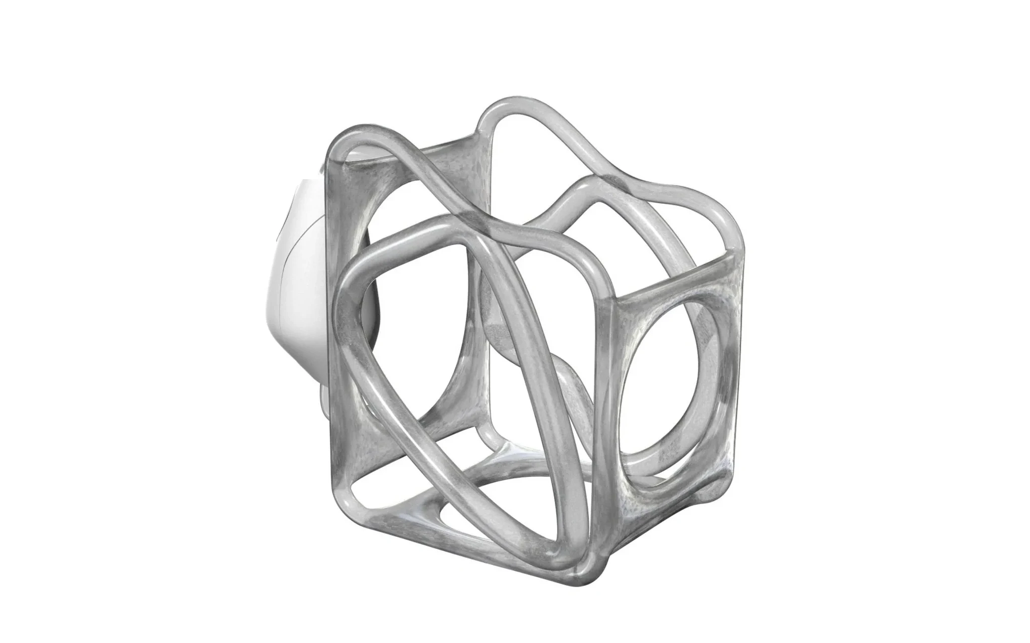 Studio render of the carton pourer’s holder on white: a translucent frame of looping, organic tubes forming an open cage, with the stone-shaped grip handle on its side.