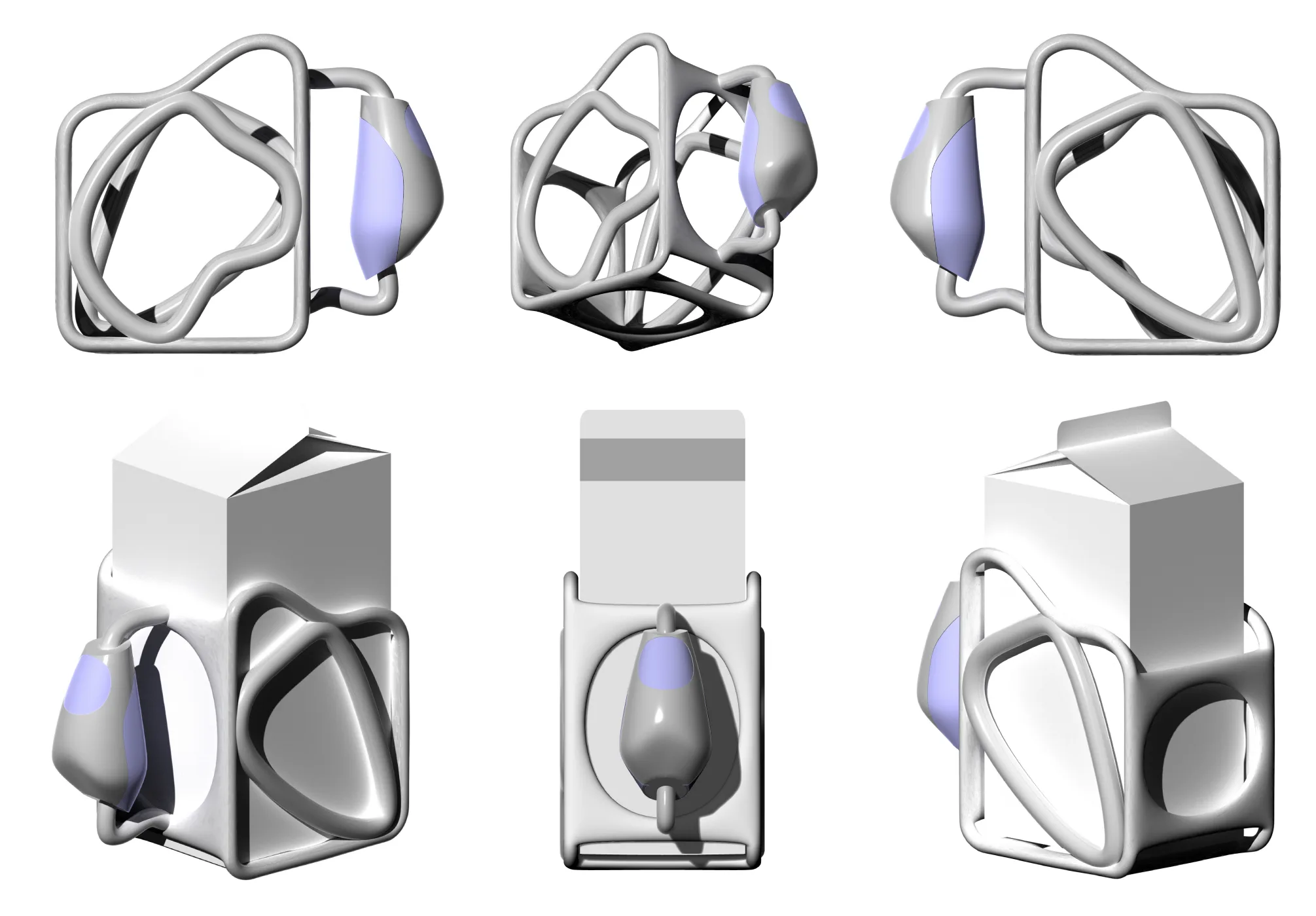 Six rendered views of the carton pourer: the looping frame holder with its lavender-padded, stone-shaped handle, shown empty and wrapped around a milk carton.