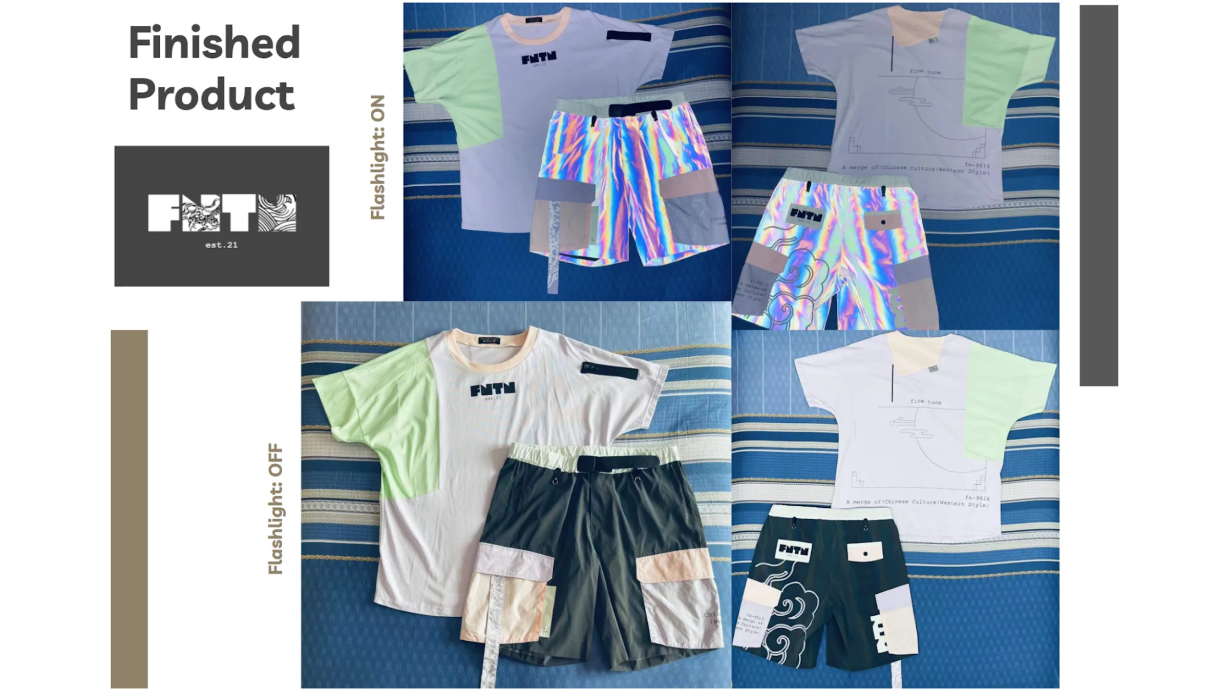 Finished Product slide: produced tees and holographic or dark shorts photographed with the flashlight on and off