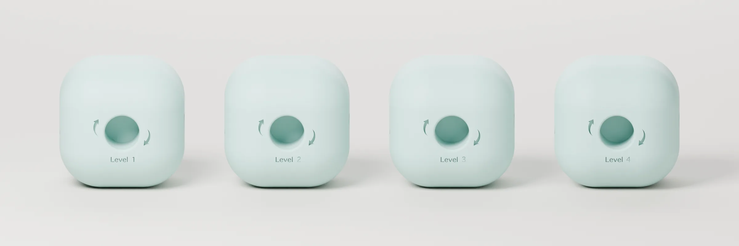 Four identical mint cubes in a row, each turned to show a different face — Level 1, Level 2, Level 3 and Level 4 — each with a centred hole flanked by curved rotation arrows.