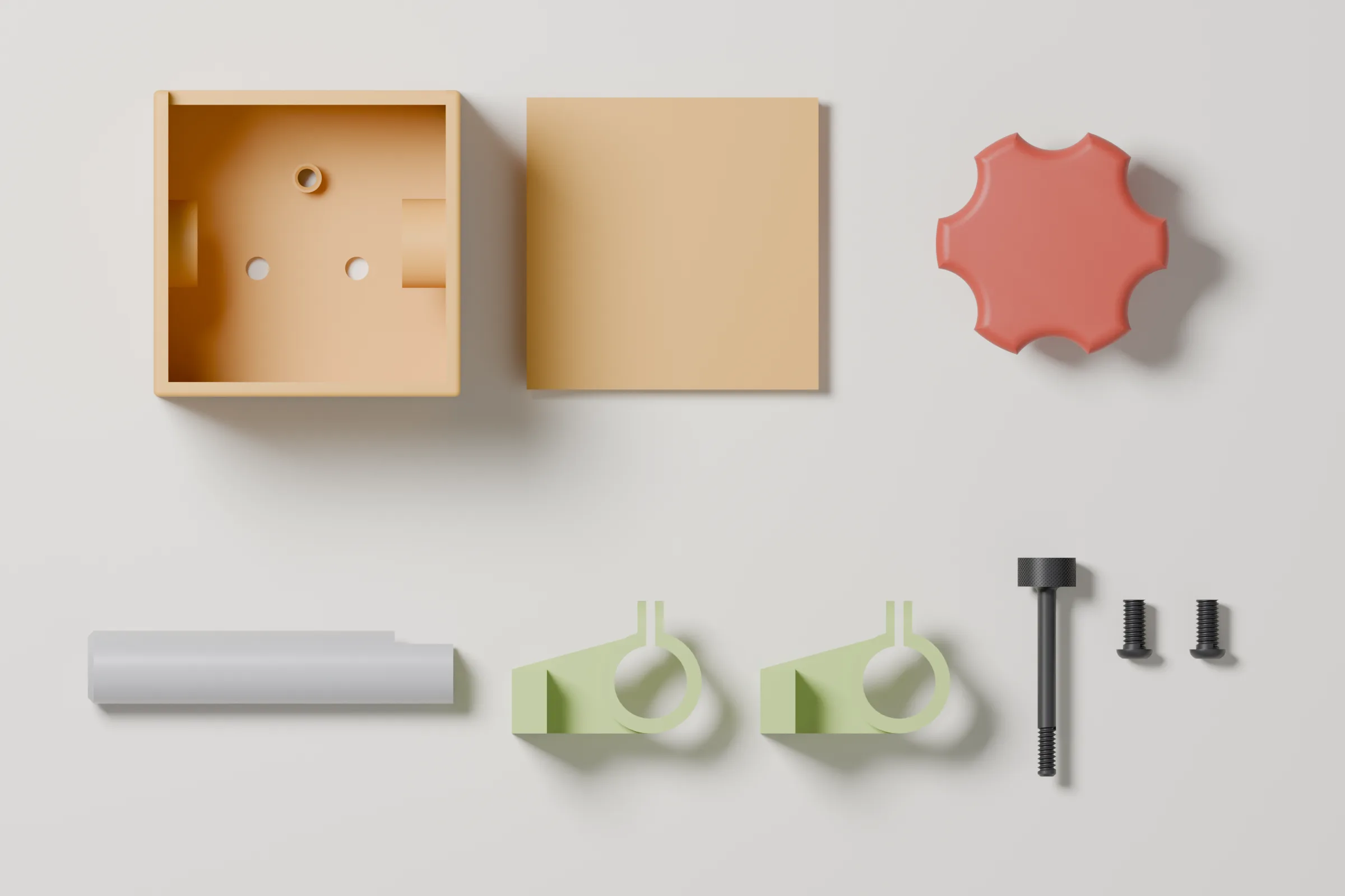 Top-down flat lay of every Version 2 print part: the open ochre case showing its shaft holes, the lid plate, a red star knob, the grey shaft, two green split clamps, the black knurled adjustment screw and two lid screws.