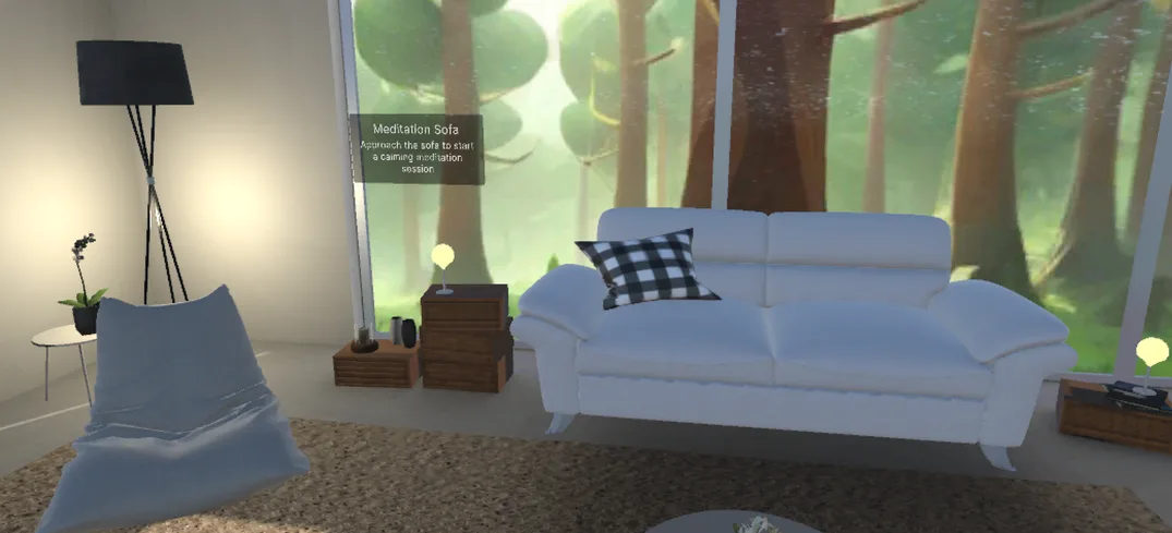 Meditation room interior: a white sofa with a checked pillow, a bean bag, a floor lamp and a “Meditation Sofa” sign, with tall windows opening onto a sunlit forest.