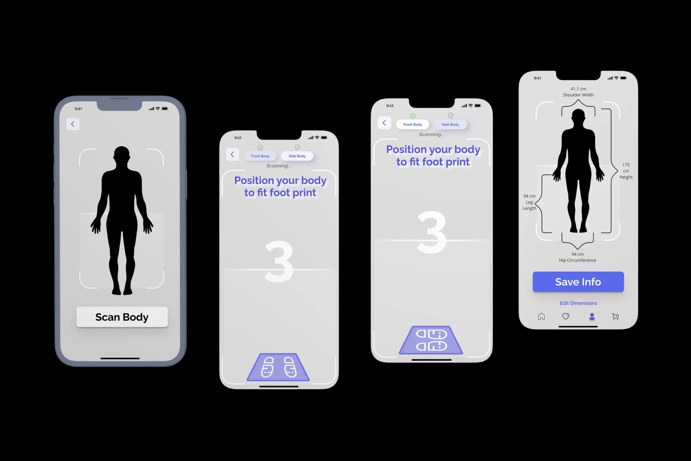 The AR body-scan flow across four phone screens: a body silhouette with “Scan Body”, two countdown screens asking the user to position their body on the footprint, and a measured silhouette with “Save Info”.