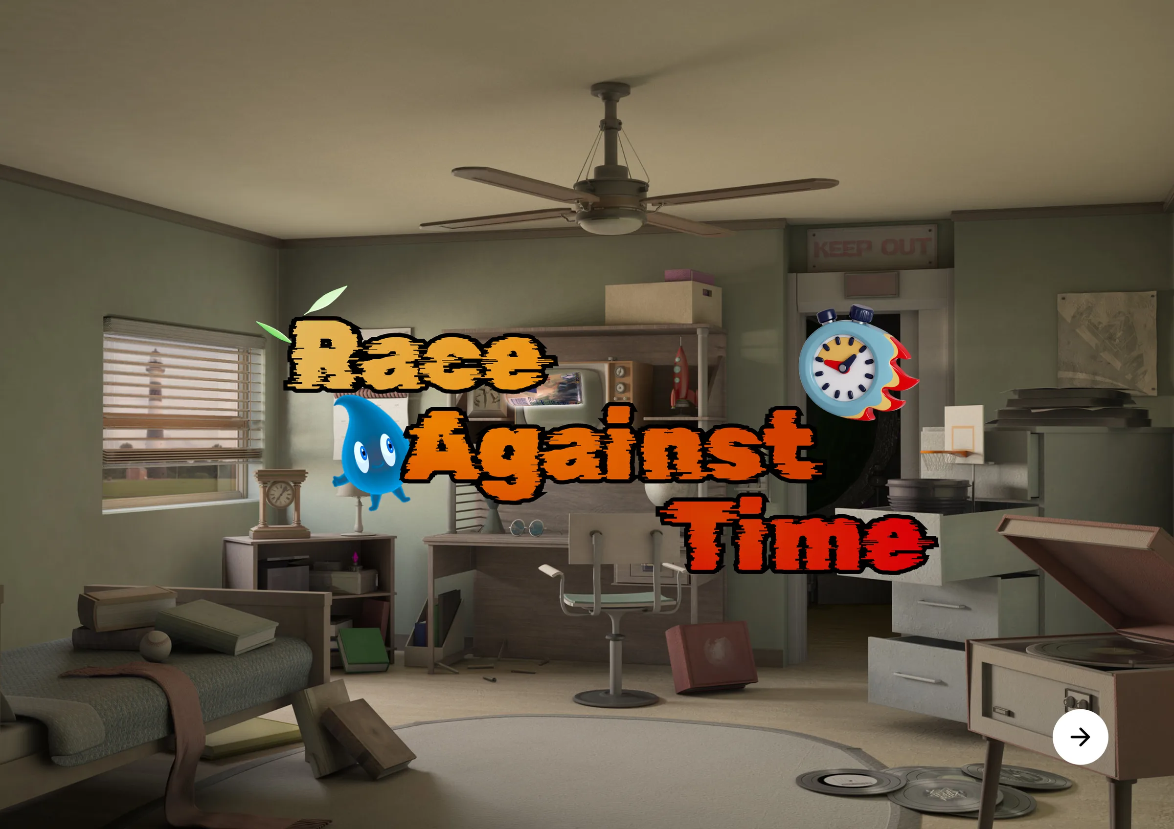 Race Against Time title screen: chunky orange-to-red game lettering with a water-drop mascot and a flaming alarm clock, over a 3D render of a cluttered, dim bedroom.