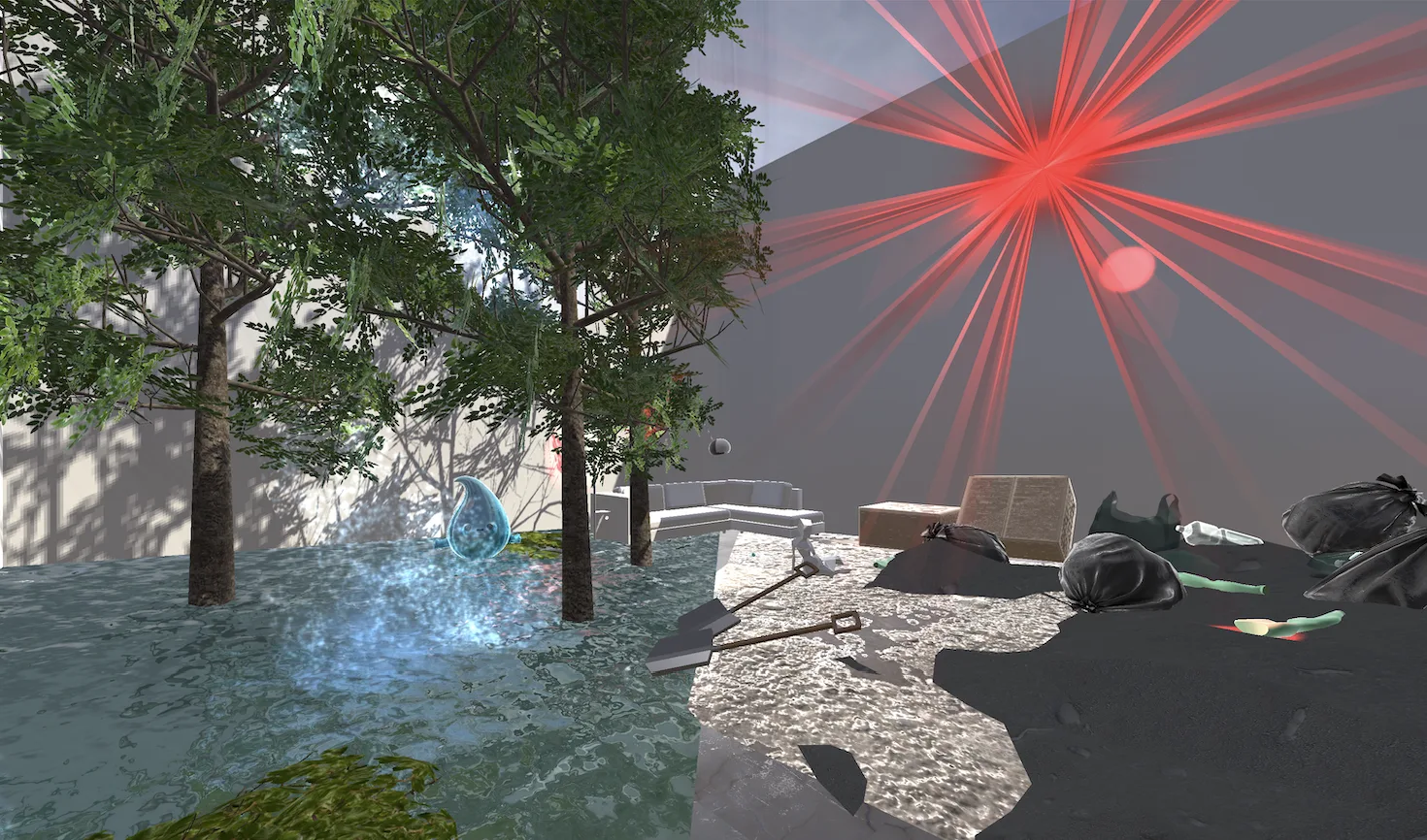 STYLY visual concept: a split scene with lush trees and a glowing water spirit on the left and barren, trash-strewn ground under red light rays on the right.
