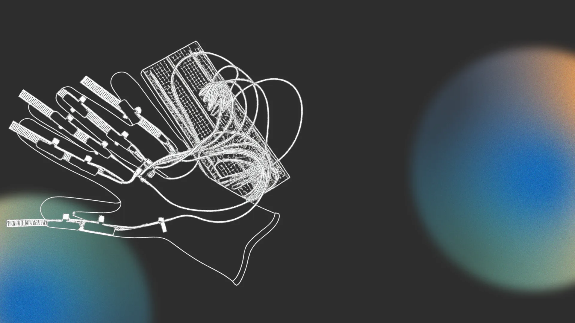 White line drawing of the ReSense glove — a flex sensor along each finger, wires looping into a breadboard — on charcoal, with soft blue and amber glows at the edges.