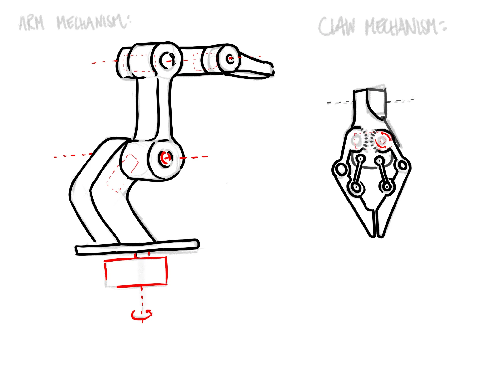 Hand-drawn construction drawing: the arm mechanism on the left and the claw mechanism on the right, in black linework with red dashed axes and arrows marking servo-driven motion