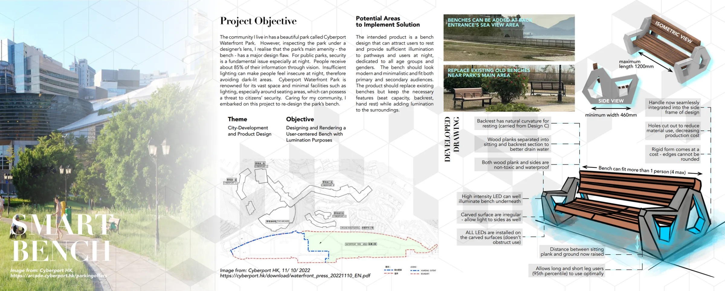 Project board: “Smart Bench” title over a photo of the park, project objective, a site plan of the waterfront, photos of the existing benches and an annotated developed drawing of the bench with blue LED highlights.