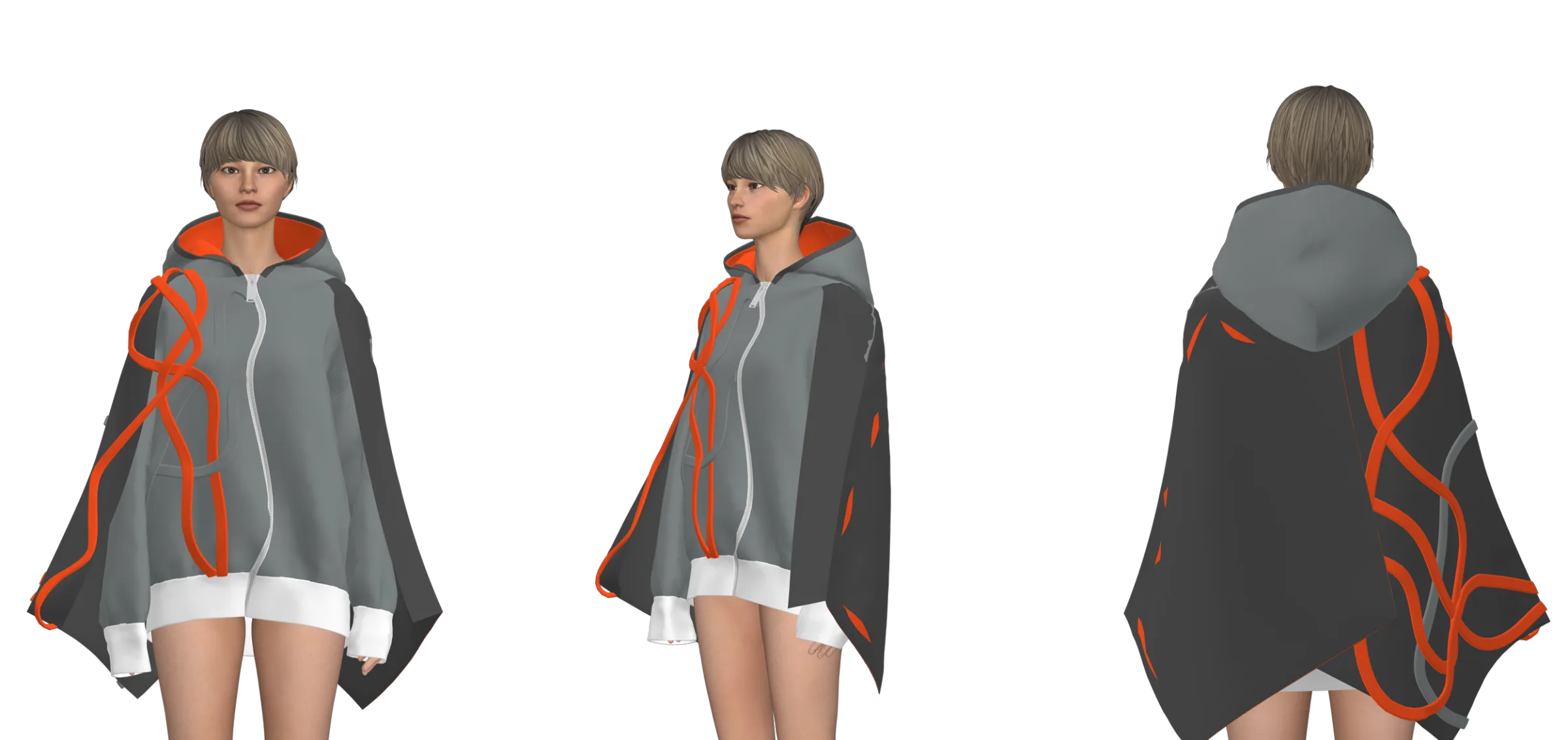 3D garment simulation of the grey-and-orange cape-hoodie worn by an avatar, front, three-quarter and back views