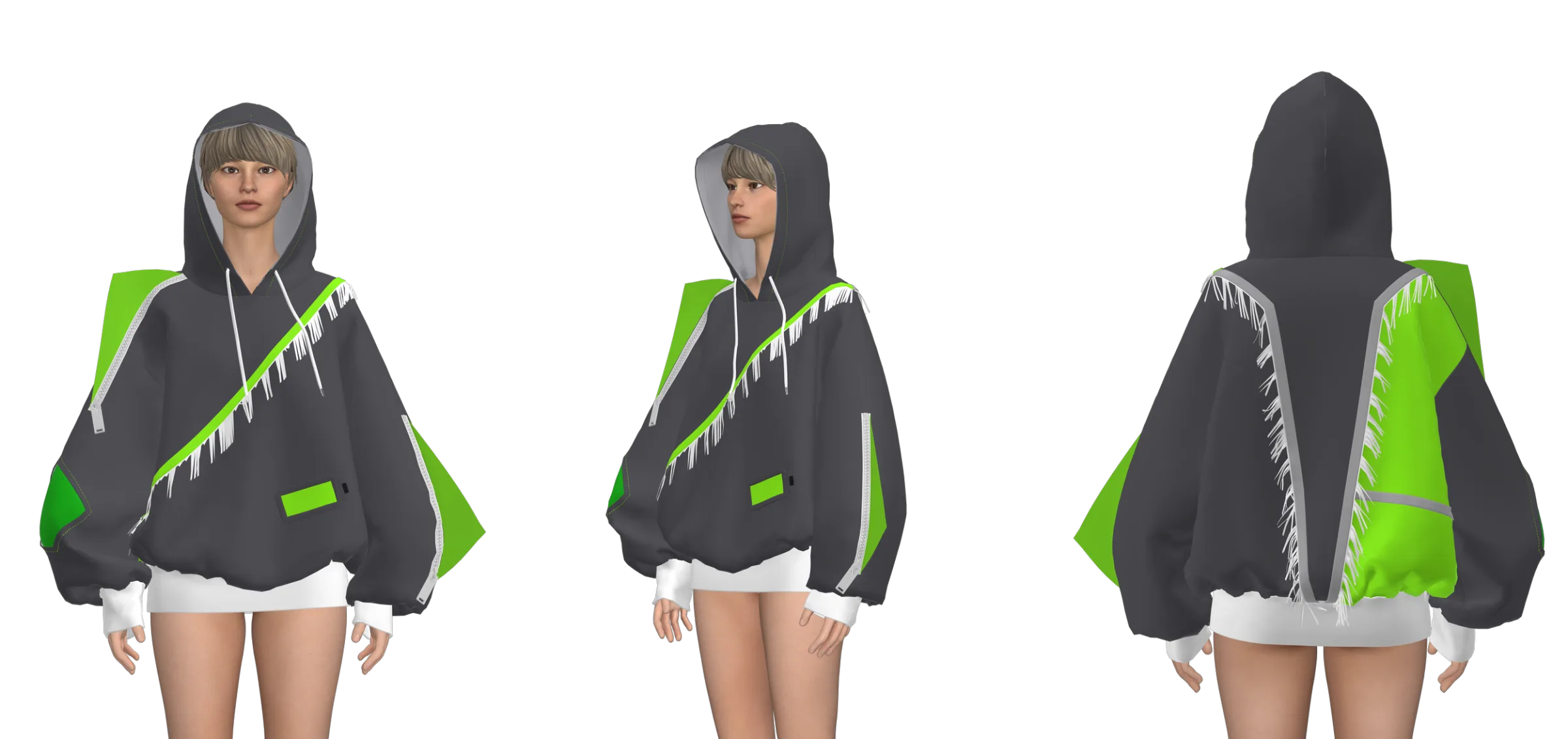 3D garment simulation of the charcoal and neon-green hoodie worn by an avatar, front, three-quarter and back views